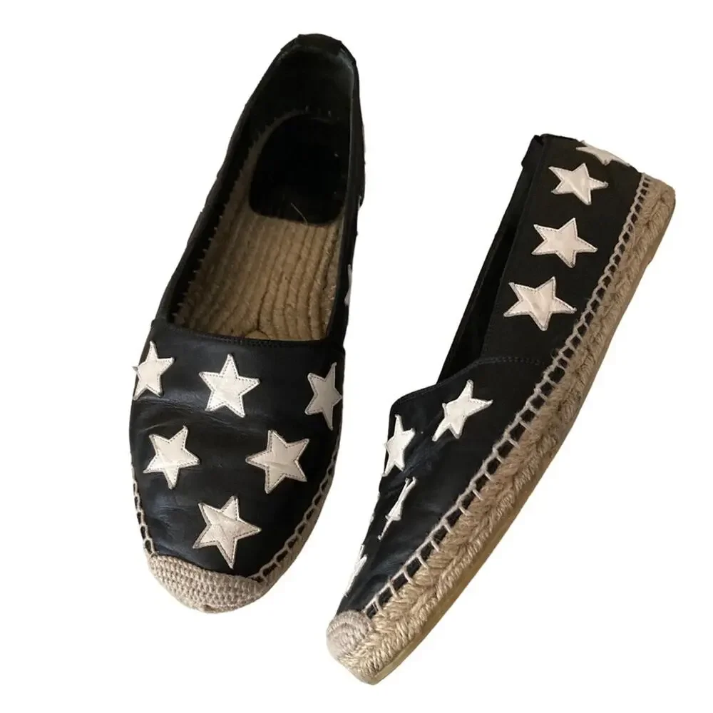 Yves Saint Laurent Black & White Leather Star Flat Espadrilles Size 39 or 9.